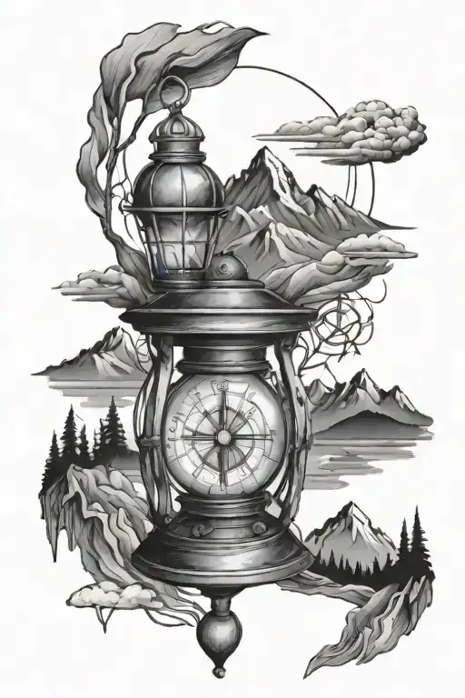 lantern with compass and mountains panorama tattoo design idea