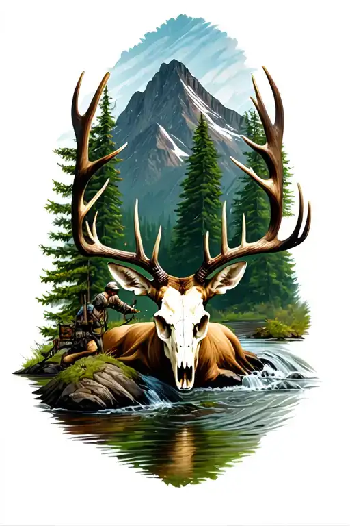 deer skull with large antlers 8point drinking out of a stream at the base of a mountain with a bow hunter in a tree  tattoo design idea