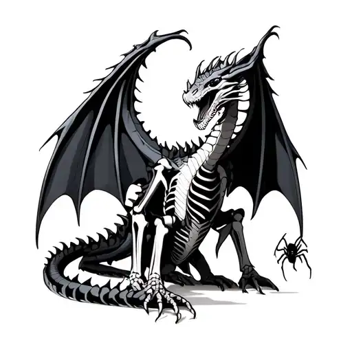 Skeletal Dragon with spider lilly wrapped tattoo design idea