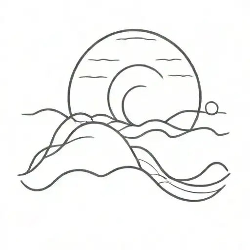 design drawing of a tattoo of a black and white sunset, with only the sun coloured gold, and the waves as simple horizon tattoo design idea