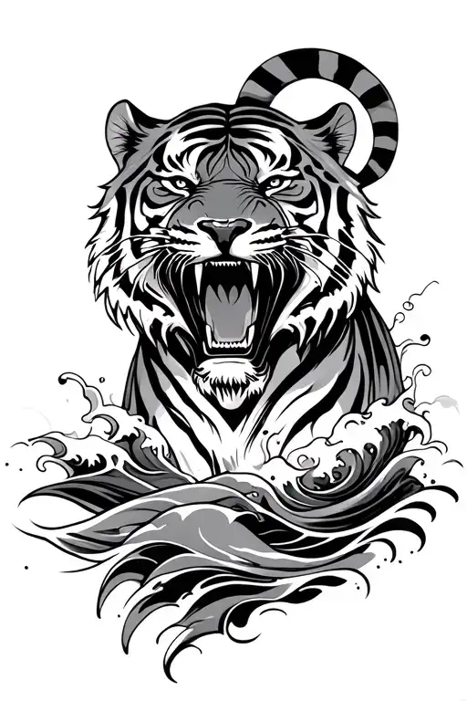 full body snarling tiger with waves flowing at side tattoo design idea