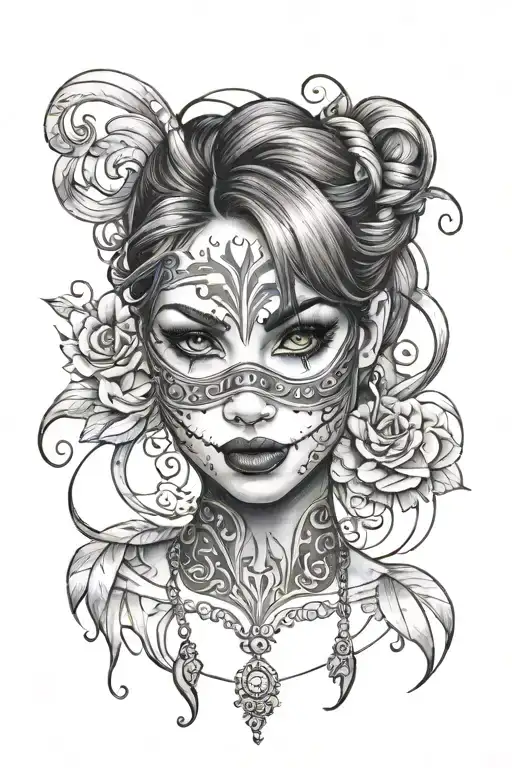 girl with a mask taken of with happy and sad face  tattoo design idea