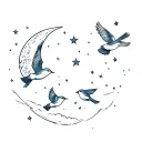 3 little birds flying to the night sky with stars and moon tattoo design idea