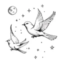3 little birds flying to the night sky with stars and moon tattoo design idea