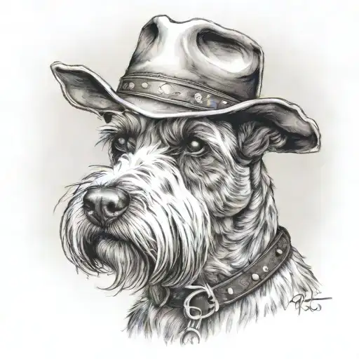 salt and pepper schnauzer with cowboy hat and brown eyes and a collar looking to the side with western background tattoo design idea