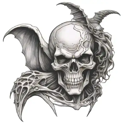 scary skeleton devil on your shoulder whispering violent death and destruction in your ear tattoo design idea