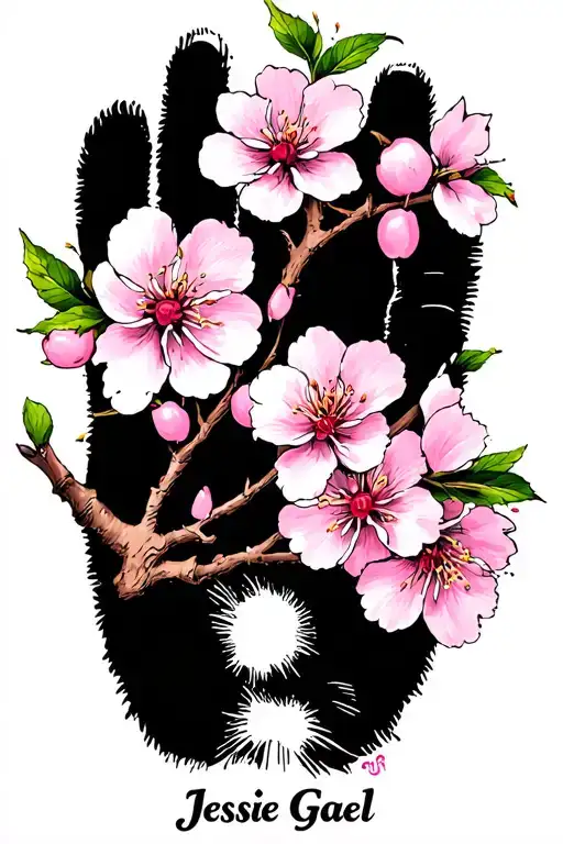 "Jessie Gael" black and white baby hand print with a few pink cherry blossom branch tattoo design idea