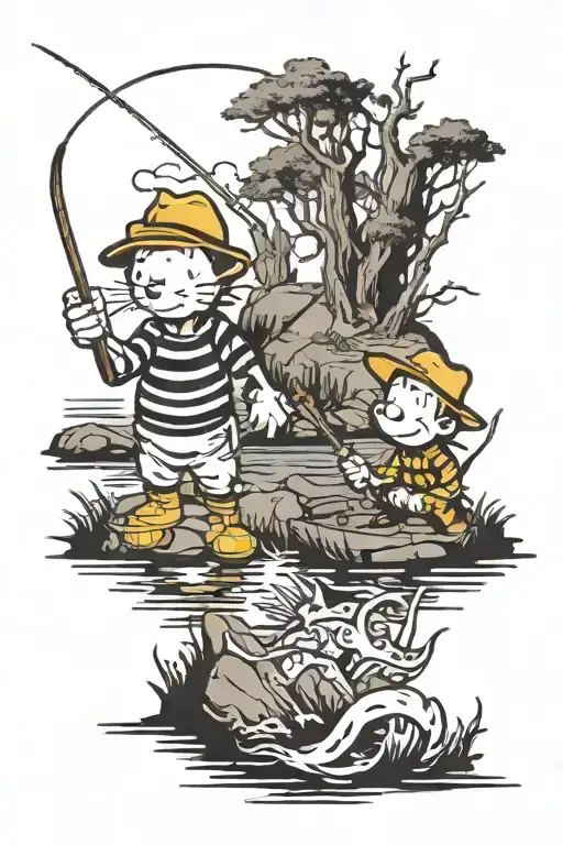 calvin and hobbs fishing scene tattoo design idea