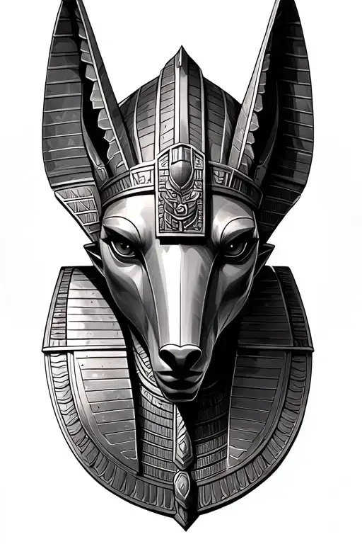 Realistic Anubis head sculpted in stone, metallic texture, Egyptian armor bold shading, placed on upper chest. tattoo design idea