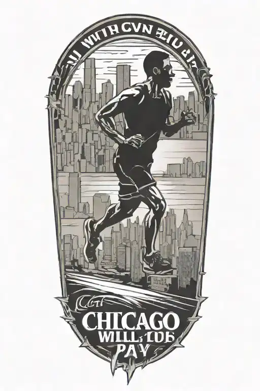 Runner sillouette with Chicago Skyline in background with Latin phrase "either I will find a way or I will do it" tattoo design idea