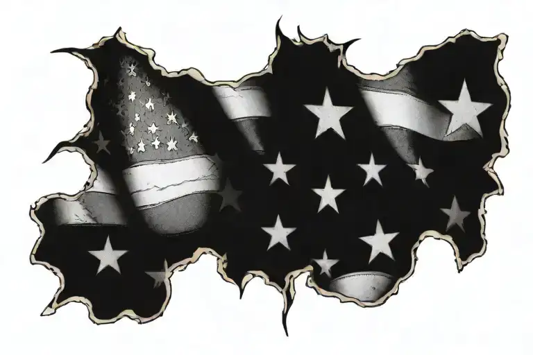 ripped waving American flag with bullet holes  tattoo design idea