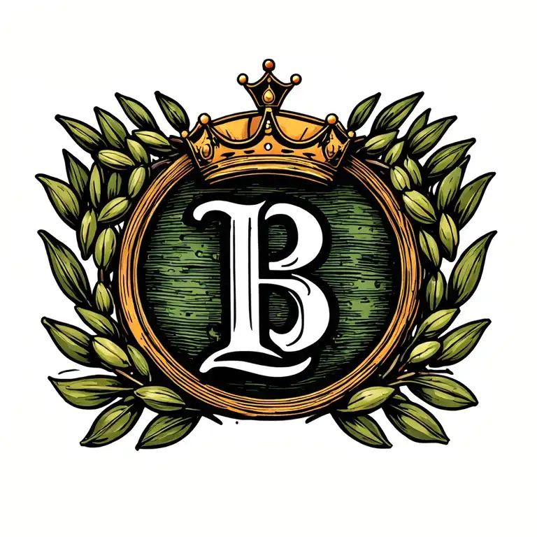 a kings letter stamp with the letter b in side of an olive branch circle with a crown on top  tattoo design idea
