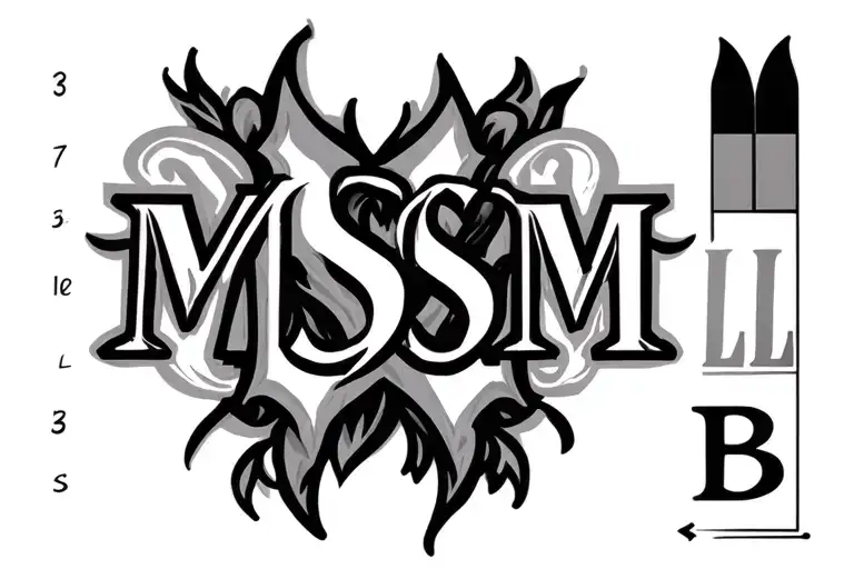 Create a black and gray tattoo design using the letters M, S, M, L, and B for lower leg tattoo design idea