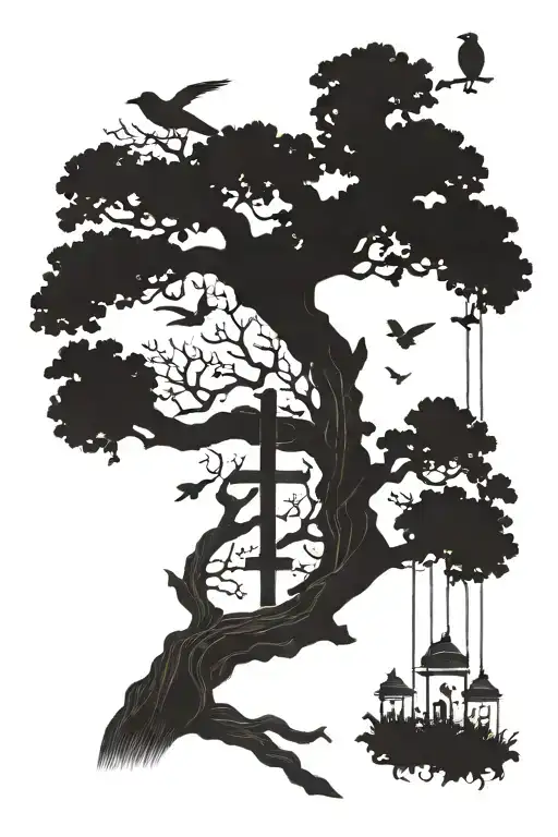 poison tree growing with a cross wrapped tightly and birds flying over  tattoo design idea
