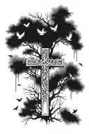 poison tree growing with a cross wrapped tightly and birds flying over  tattoo design idea