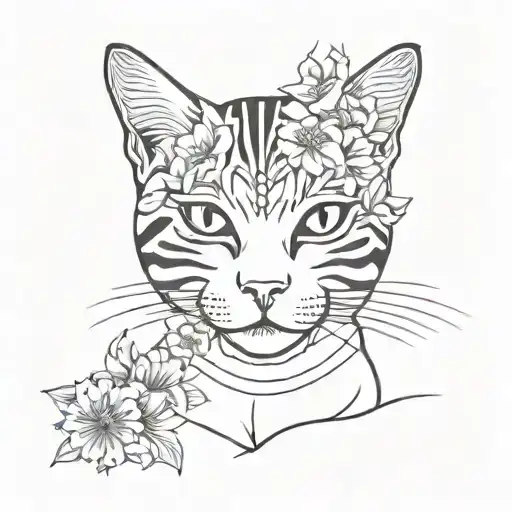 cat with third eye, gemini, flowers tattoo design idea