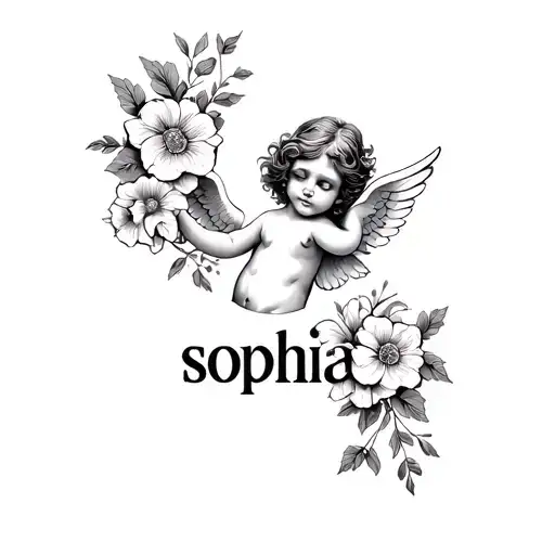 "sophia" cherub with flowers surrounding tattoo design idea