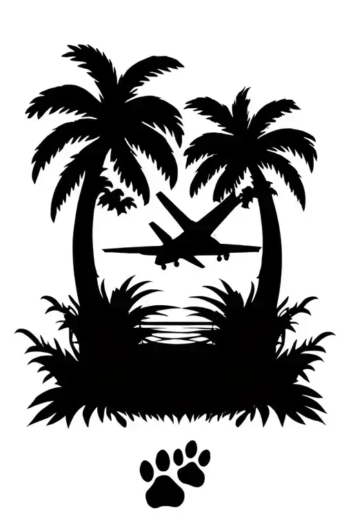 silhouette of a Jet flying over a sunrise with palm trees.  lilies and 2 dog paw prints are on the bottom of the scene. tattoo design idea