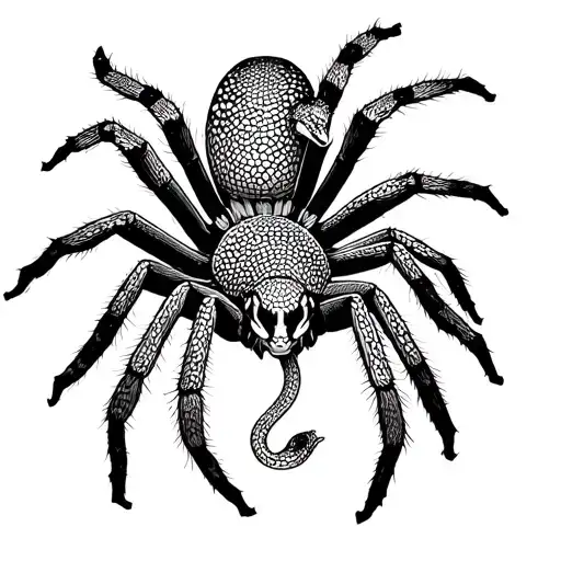 An intricate dotwork tattoo of a tarantula and snake intertwined with audio equipment tattoo design idea