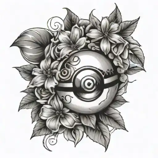 flowers and pokeball tattoo design idea