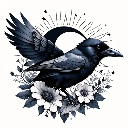 raven, floral, sun and moon, books tattoo design idea