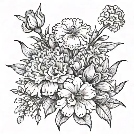 Carnation, daisy, larkspur, gladiolus bouquet tattoo design idea