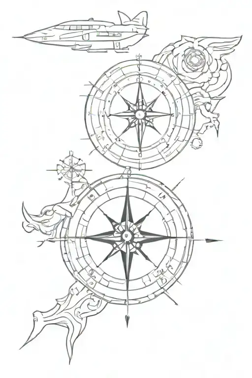 compass with a trident below, a submarine and a planisphere tattoo design idea