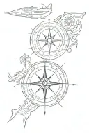 compass with a trident below, a submarine and a planisphere tattoo design idea