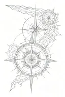 compass with a trident below, a submarine and a planisphere tattoo design idea