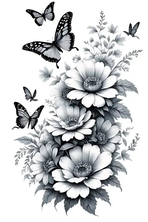 flowers and butterflies flying tattoo design idea