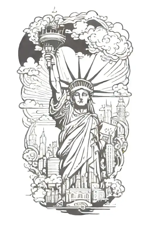 nyc skyline with statue of liberty face anime inspired tattoo design idea