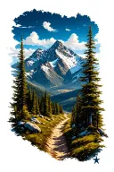 mountain landscape with a trail winding through a forest, add a Texas lone star at the bottom tattoo design idea