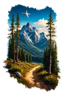 mountain landscape with a trail winding through a forest, add a Texas lone star at the bottom tattoo design idea