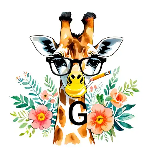 Floral background giraffe eyeglasses, yellow cigarette with mouth cap black letter g tattoo design idea