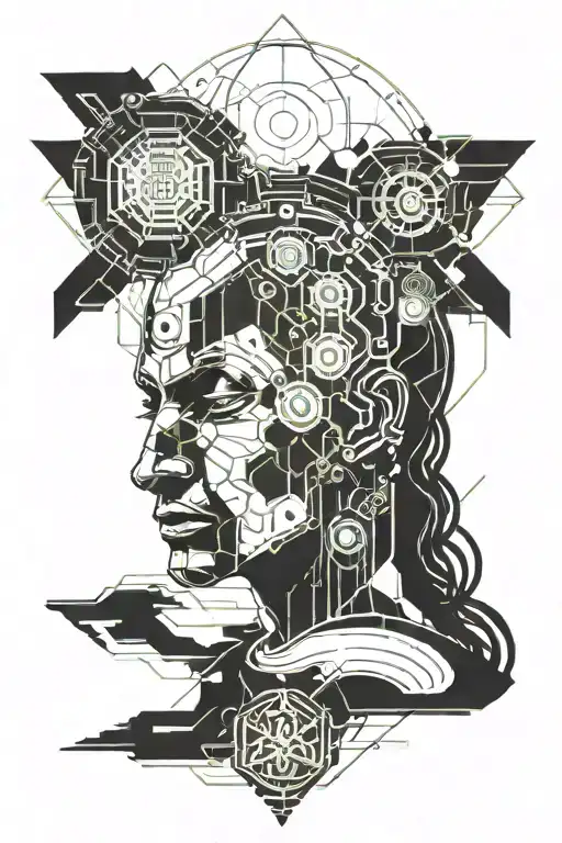 a peaceful meditating head emerging sci fi tattoo design idea