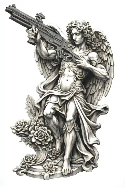 guardian angel statue holding gun tattoo design idea