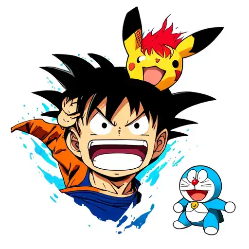 Tattoo de Goku, Luffy, Oliver Atom, Picachu y Doraemon tattoo design idea