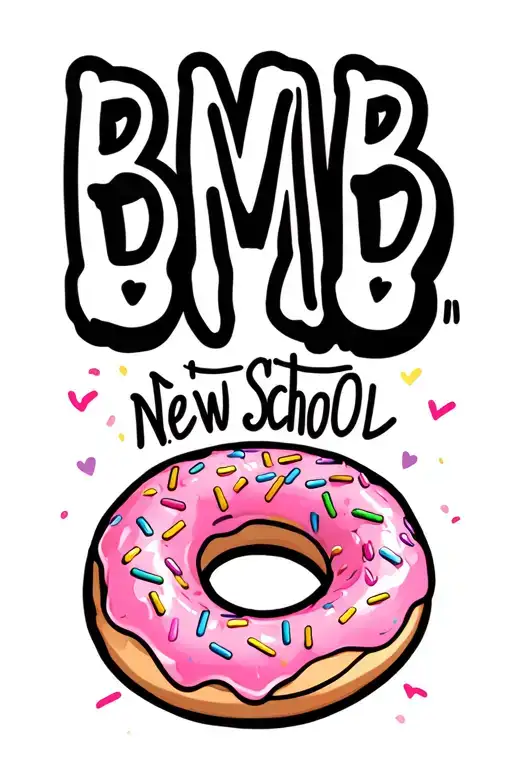 pink glazed sprinkle donut with the initials BMAB above it in black writing tattoo design idea