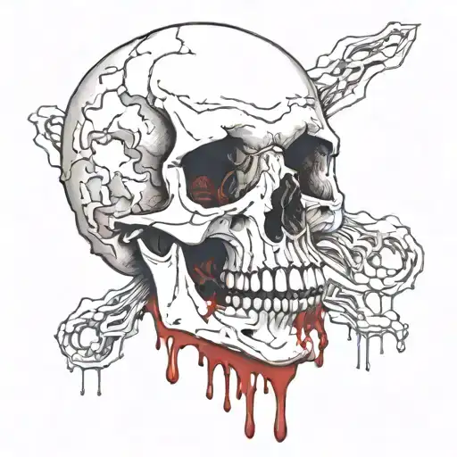 White Skull, Cracked, Bloody, missing Jawbone, missing teeth, melting, decrepit Dark red blood, Spine, Bloody, Horror. tattoo design idea