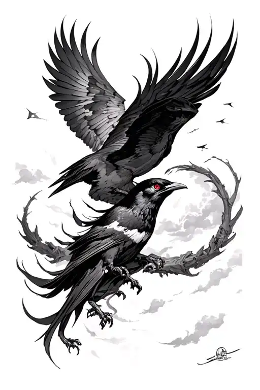 deadRiaing cover Scarlxrd and flying crow with sharingan And infinite tsukoyomi in the sky tattoo design idea