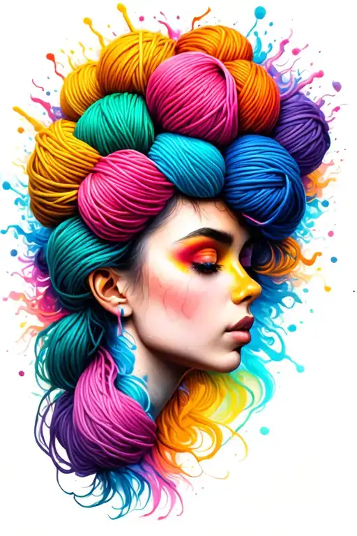 side profile female face with yarn exploding out of head colorful tattoo design idea