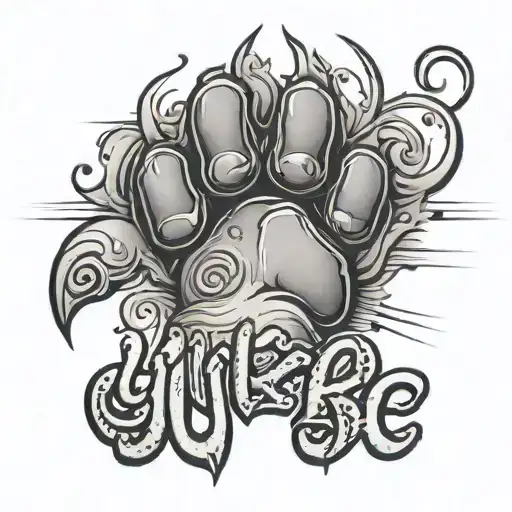 Paw of a cat with the text "YUKI" tattoo design idea