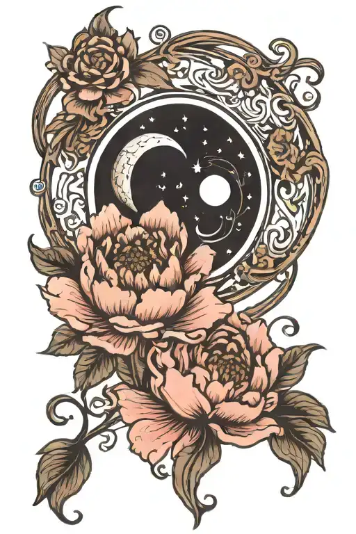 crescent moon, with peonie, art nouveau tattoo design idea