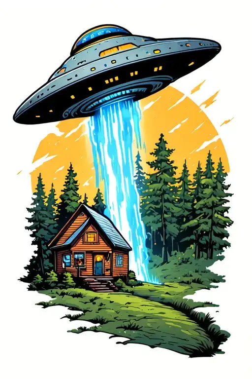 ufo with blue beam over cabin in the middle tattoo design idea