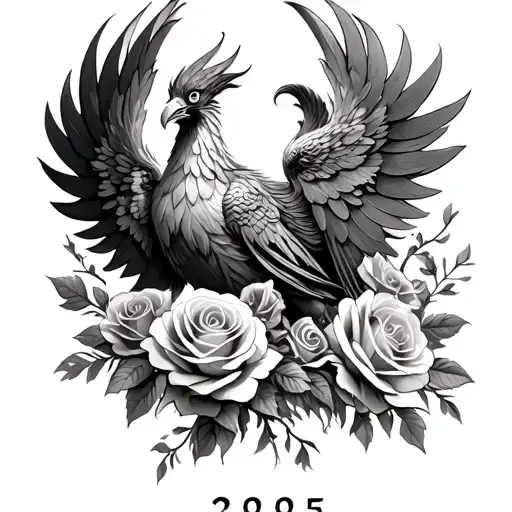 magistic phoenix surounded by beautiful roses and 2005 number tattoo design idea
