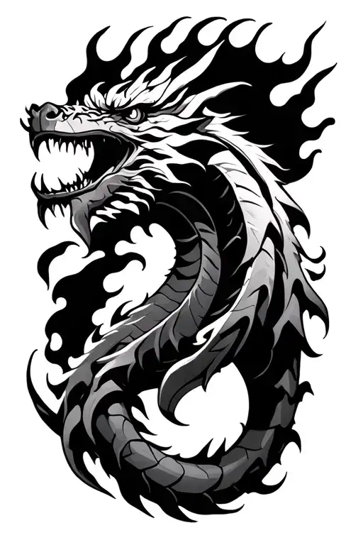 right facing simple dragon tribal with flames and long tail not to much detail tattoo design idea