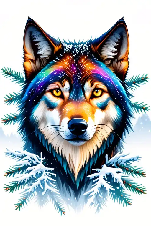 a magical multi-colored wolf's head from the front, snow-covered fir trees surrounding the head, with two full cat shado tattoo design idea