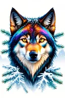 a magical multi-colored wolf's head from the front, snow-covered fir trees surrounding the head, with two full cat shado tattoo design idea