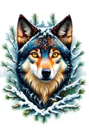a magical multi-colored wolf's head from the front, snow-covered fir trees surrounding the head, with two full cat shado tattoo design idea