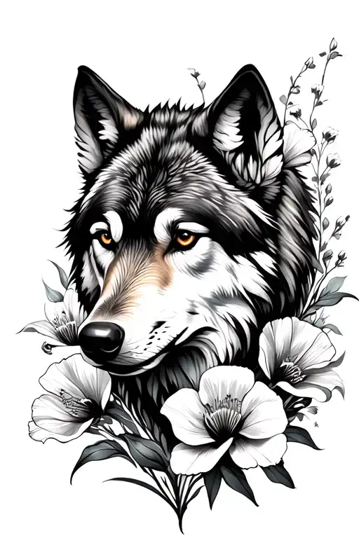 wolf with gladiolus and poppy flowers intertwined tattoo design idea